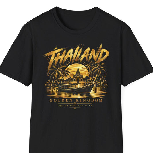 Thailand Longtail-Boot T-Shirt schwarz — Gold Print Tempel Palmen Sonnenuntergang Thai Streetwear