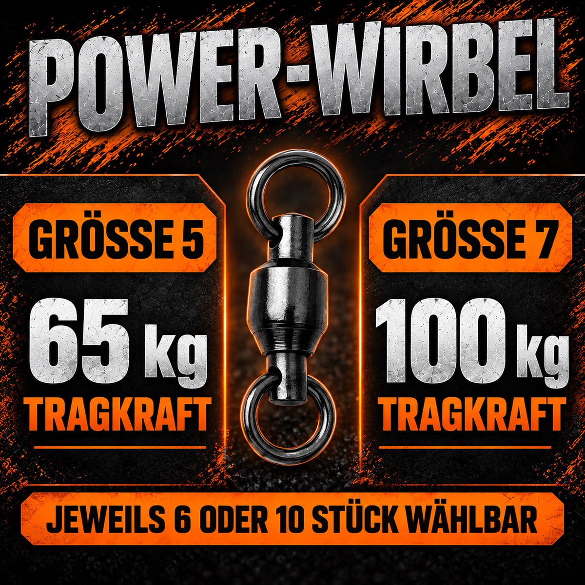 Power-Wirbel Größenvergleich: Größe 5 mit 65 kg und Größe 7 mit 100 kg; jeweils 6 oder 10 Stück wählbar