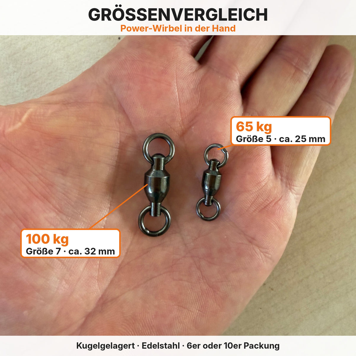 Größenvergleich in der Hand: 100 kg Gr. 7 ca. 32 mm und 65 kg Gr. 5 ca. 25 mm