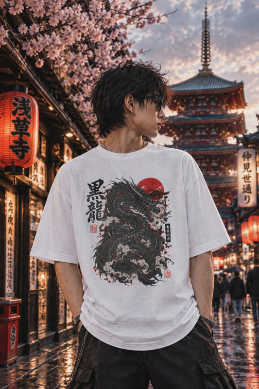 Black Dragon Kanji T-Shirt — Japanese Streetwear Drachen Herren Damen