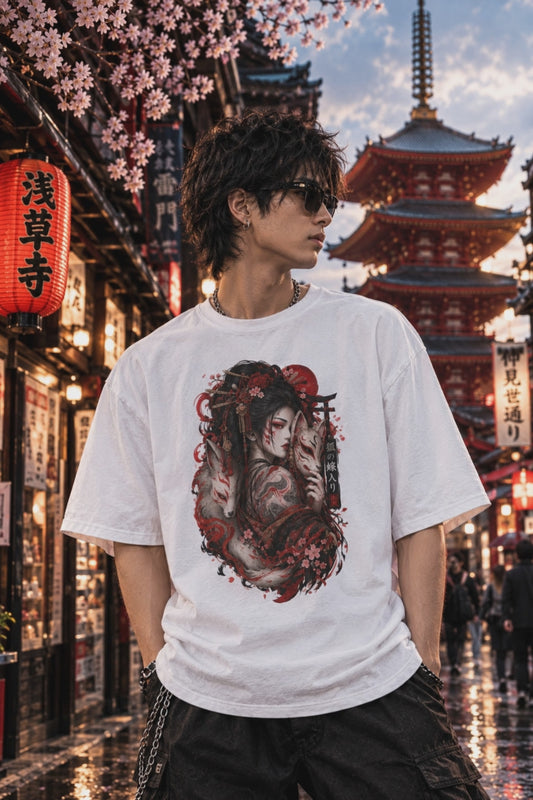 Geisha Kitsune T-Shirt — Japanischer Fuchsgeist Streetwear Herren Damen