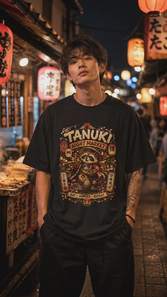 Tanuki Night Market T-Shirt – Japanese Streetwear Vintage Graphic Tee
