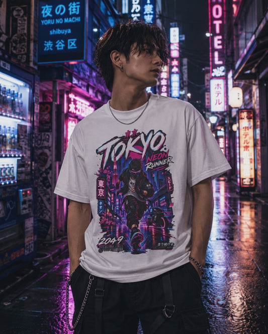 Tokyo Neon Runner T-Shirt – Cyberpunk Japanese Streetwear Herren Damen