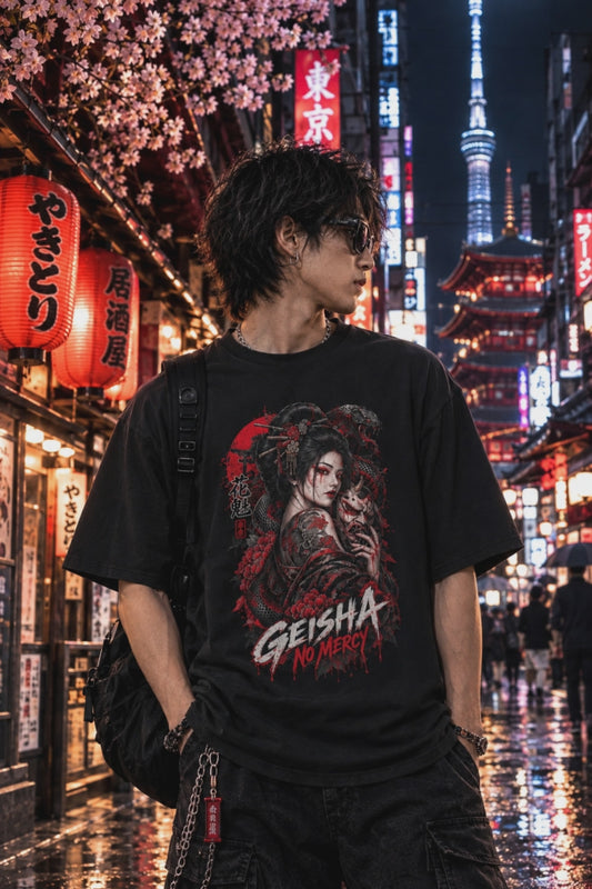 Geisha No Mercy T-Shirt — Japanese Streetwear Tattoo Herren Damen