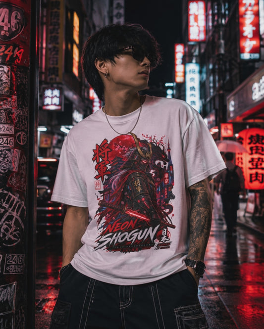 Neon Shogun T-Shirt – Cyberpunk Samurai Streetwear Herren Damen Unisex
