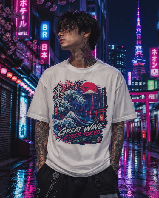 Neon Tokyo Wave T-Shirt — Cyberpunk Japanese Streetwear Herren Damen