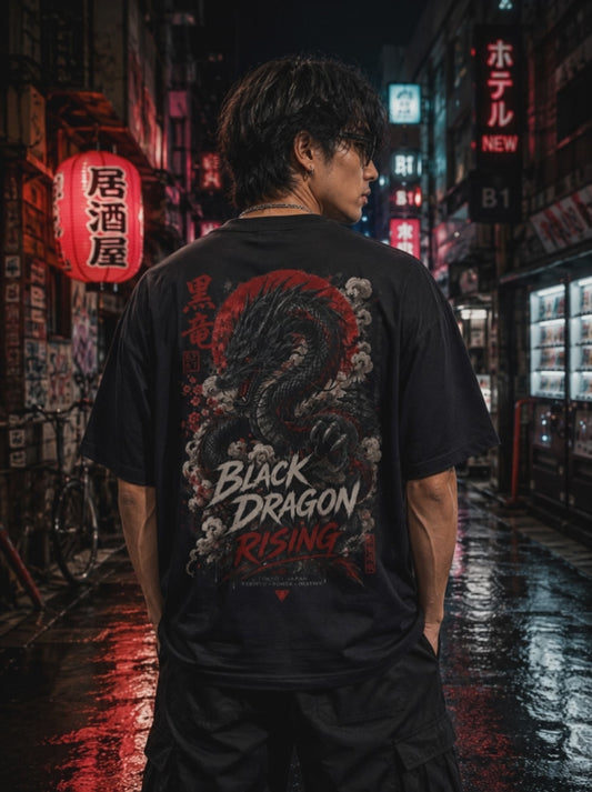 Black Dragon Rising T-Shirt — Japanese Streetwear Drachen Motiv Herren Damen