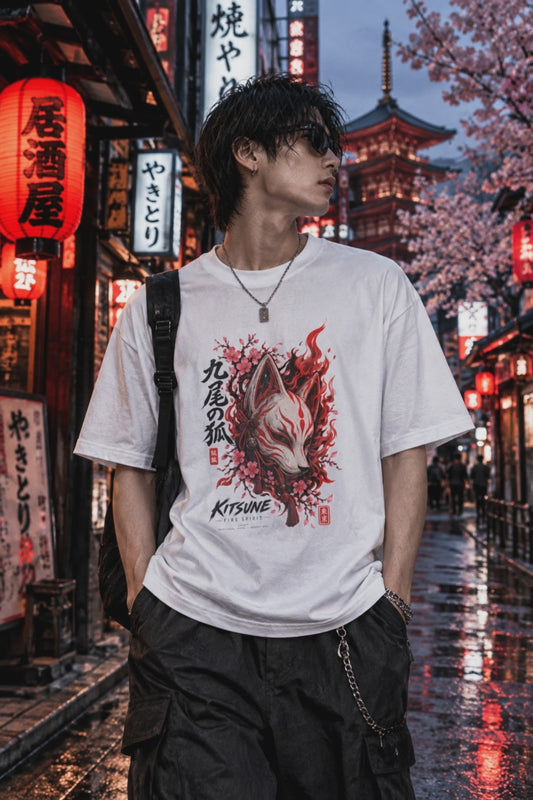 Kitsune Fire Spirit T-Shirt — Japanisches Streetwear Feuerfuchs Motiv Herren Damen