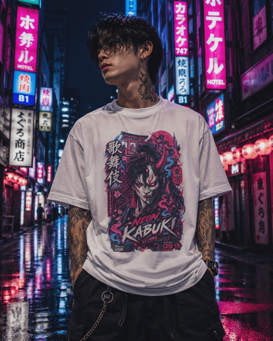 Neon Kabuki T-Shirt – Japanese Streetwear Tokyo Cyberpunk Herren Damen