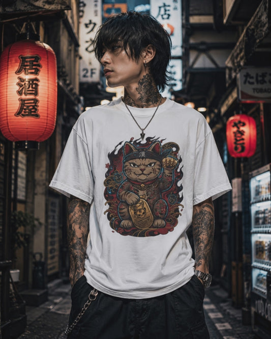 Gangster Cat T-Shirt – Japanese Streetwear Maneki Neko Herren Damen