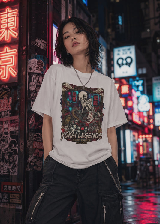 Night Parade Yokai T-Shirt – Japanese Streetwear Skelett Motiv Herren Damen