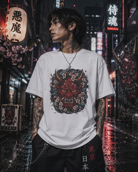 Hannya Maske Kirschblüten T-Shirt — Japanese Streetwear Dämon Herren Damen