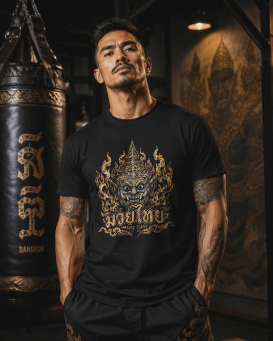 Muay Thai Yaksha Guardian T-Shirt – Thai Boxing Streetwear Dämonen Maske Graphic Tee