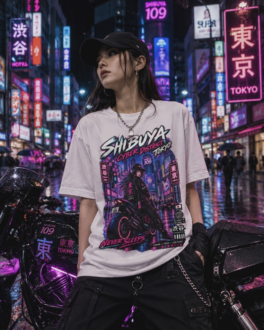 Shibuya Cyber District T-Shirt – Tokyo Cyberpunk Streetwear Herren Damen