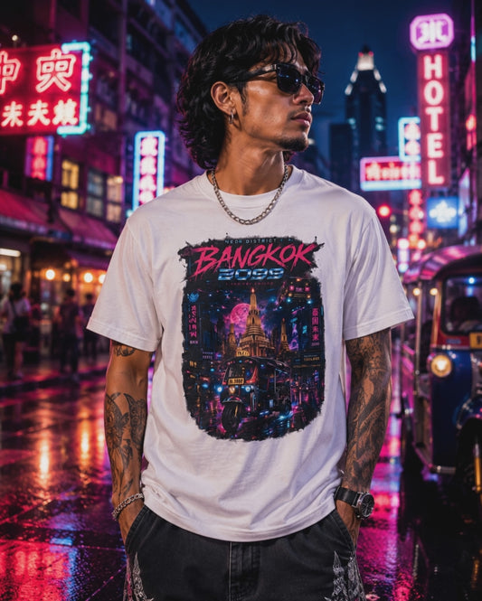 Bangkok 2099 T-Shirt – Cyberpunk Neon Skyline Streetwear Herren Damen