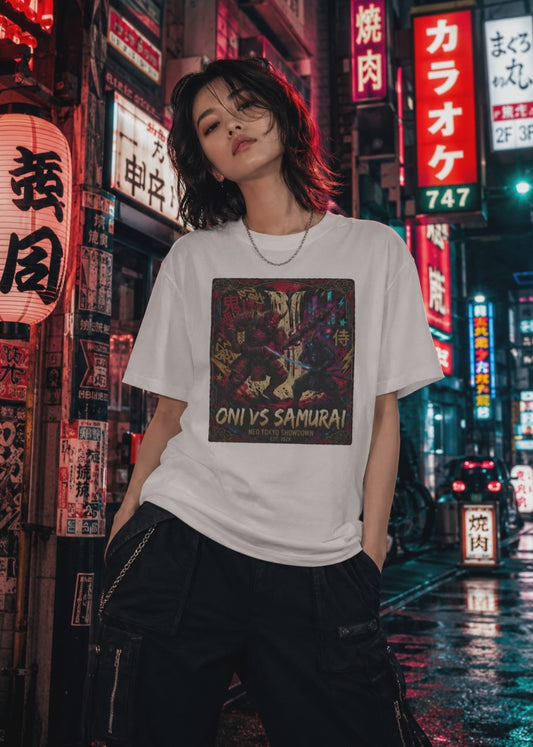 Oni vs Samurai T-Shirt – Japanese Streetwear Anime Kanji Herren Damen Unisex