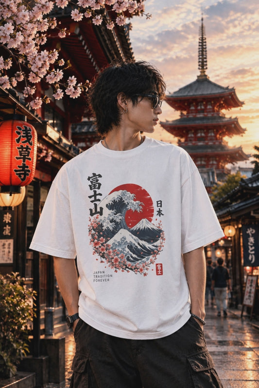 Mount Fuji T-Shirt – Japanische Streetwear mit Kirschblüten & Red Sun Ukiyo-e Print