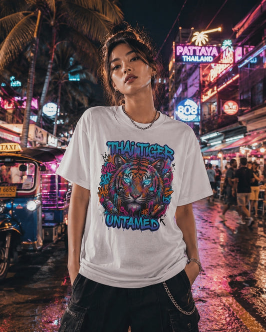 Thai Tiger Untamed T-Shirt — Neon Streetwear Tiger Herren Damen