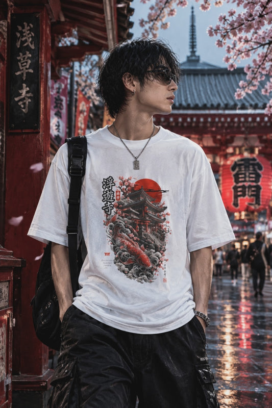 Floating Temple T-Shirt — Japanese Streetwear Koi & Kirschblüten Herren Damen