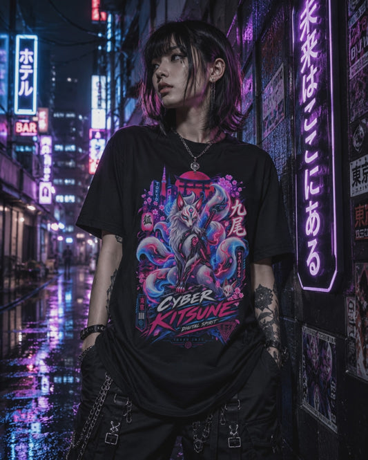 Sakura Kitsune T-Shirt — Cyberpunk Fox Streetwear Herren Damen