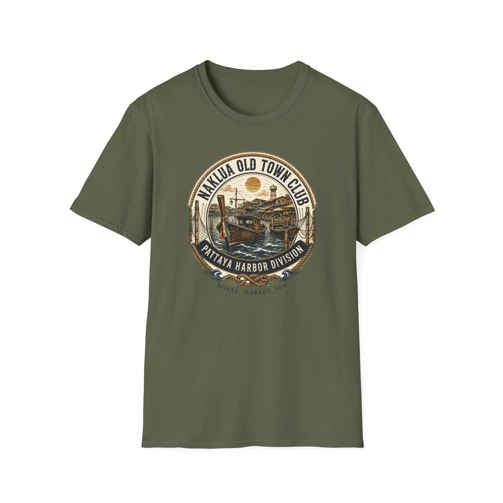 Naklua Old Town Club T-Shirt Military Green Pattaya Harbor Vintage Graphic Tee