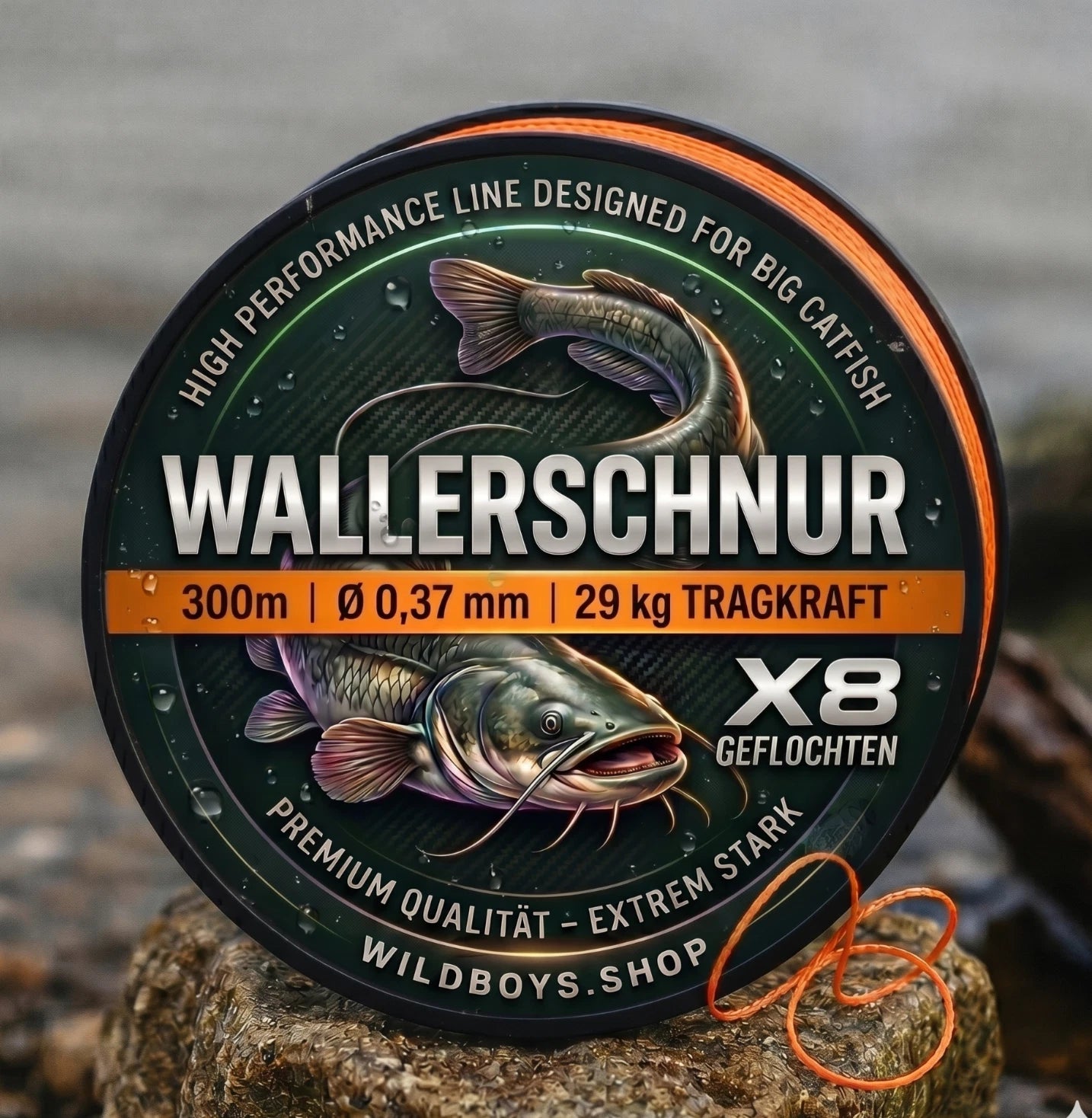 Wallerschnur 0,37 mm - 29 kg Tragkraft - 300 m X8 geflochten Hi-Vis Orange – Angelschnur Frontansicht