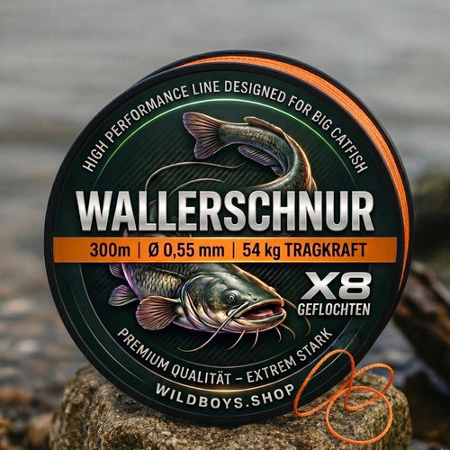 Wild Boys High Performance Wallerschnur | 0.55mm | 54kg | X8 Geflecht – High-Vis Orange 300/500/1000 Meter