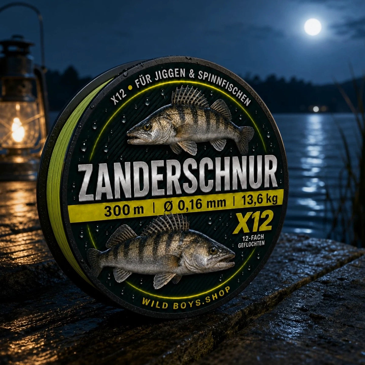 Zanderschnur X12 gelb 12-fach geflochten Spule am Steg