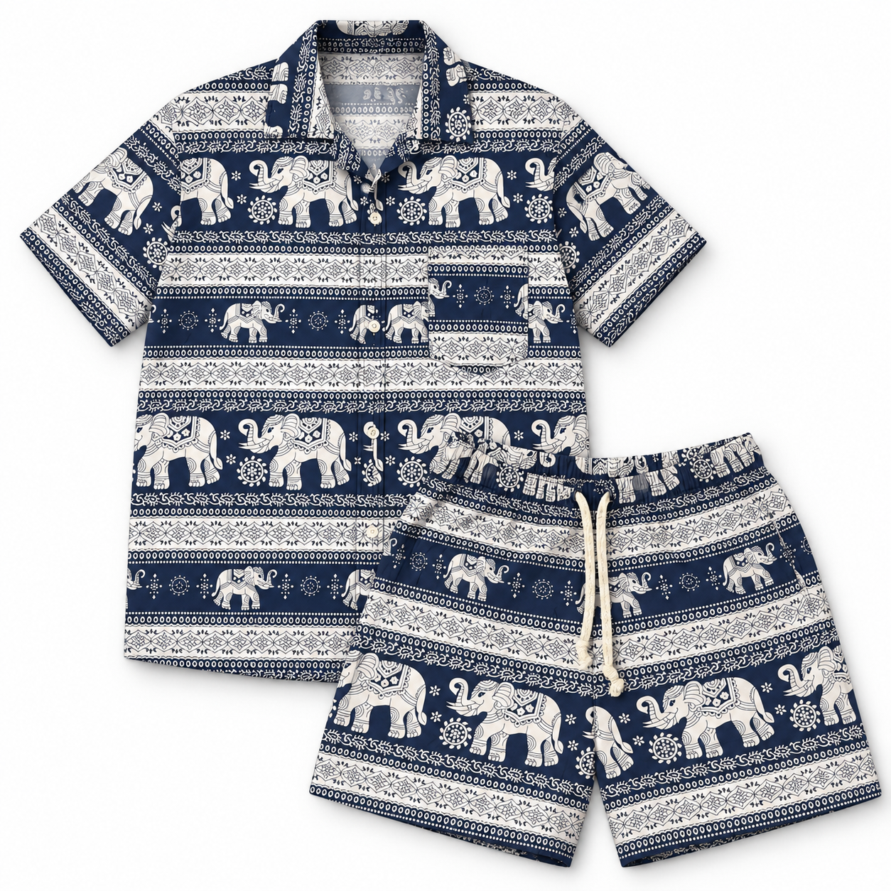 Thai Elephant Herren-Set Navy/Creme: Hemd und Shorts auf weißem Hintergrund