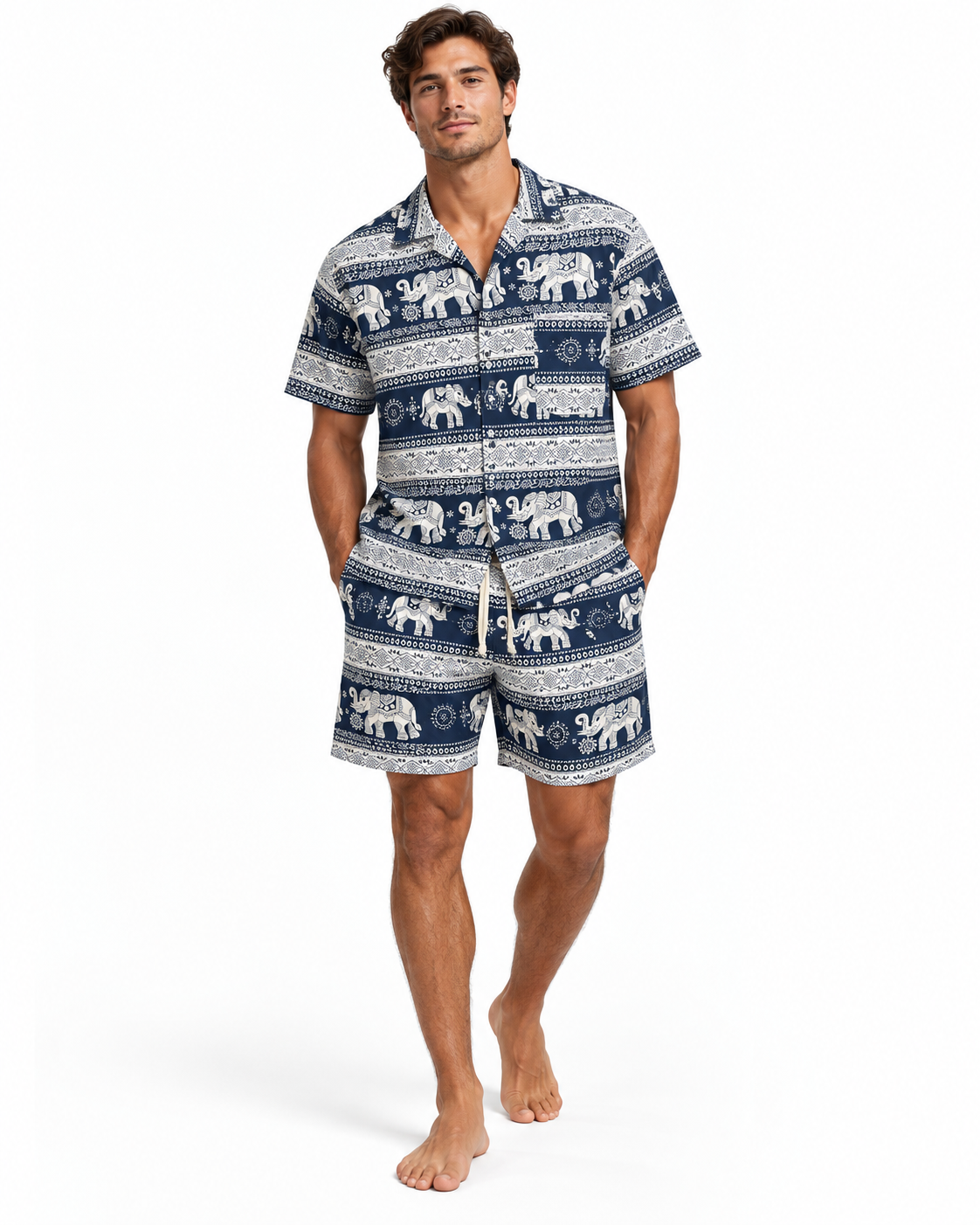 Thai Elephant Herren-Set Navy/Creme am männlichen Model vor weißem Hintergrund
