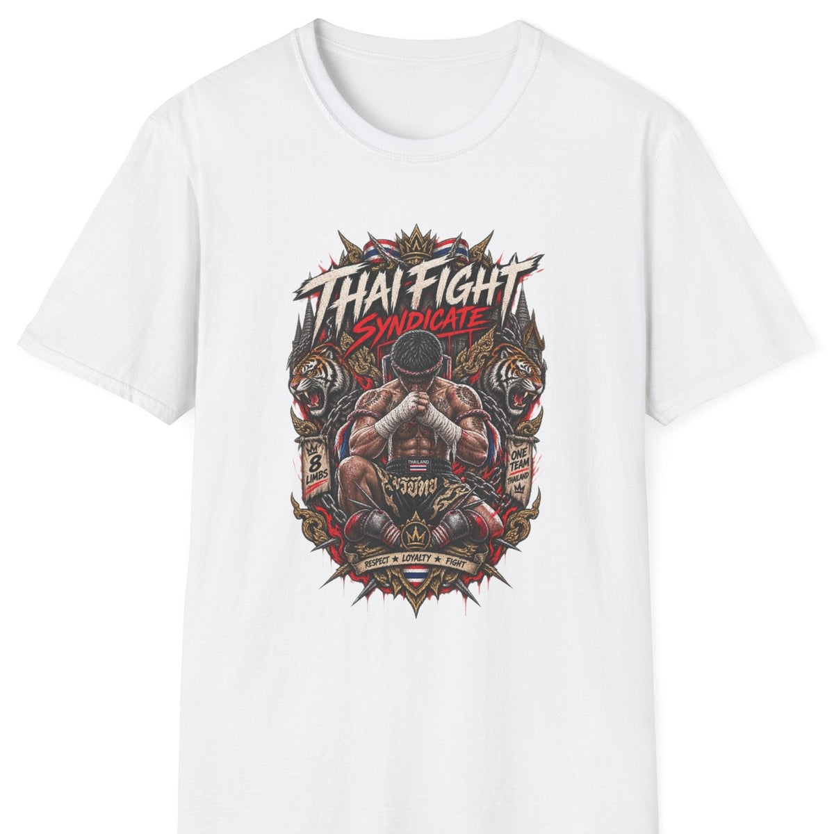 Thai Fight Syndicate T-Shirt weiß — Muay Thai Tiger Streetwear Vorderansicht
