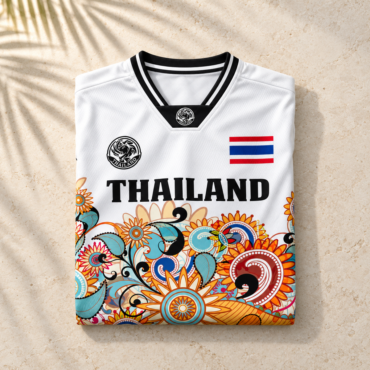 Illustratives Produkt-Mockup: weißes Thailand Trikot Nr. 52 gefaltet auf hellem Stein