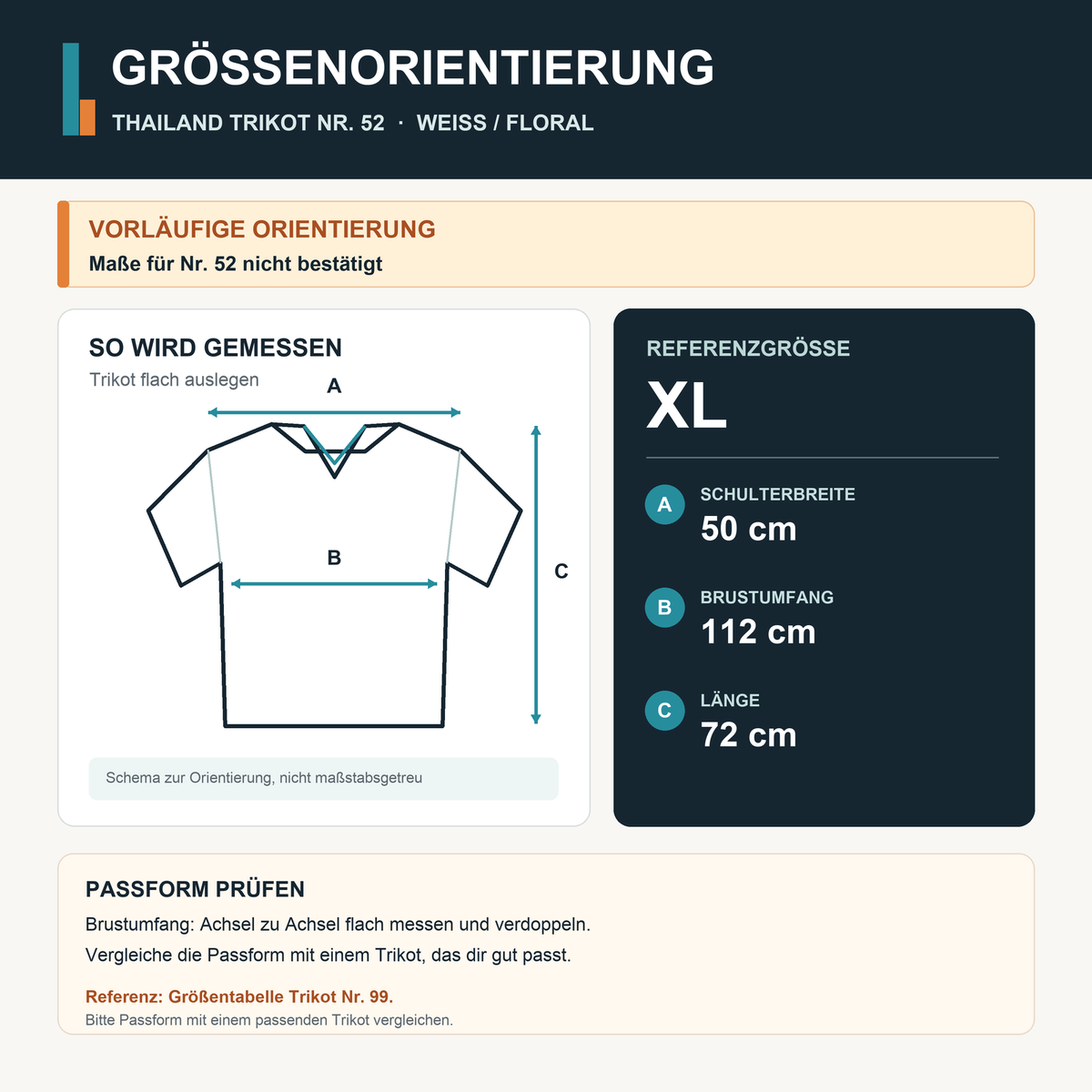 Vorläufige Größenorientierung für weißes Thailand Trikot Nr. 52, XL: Referenzwerte vom Trikot Nr. 99, Länge 72 cm, Brustumfang 112 cm, Schulterbreite 50 cm; für Nr. 52 nicht bestätigt