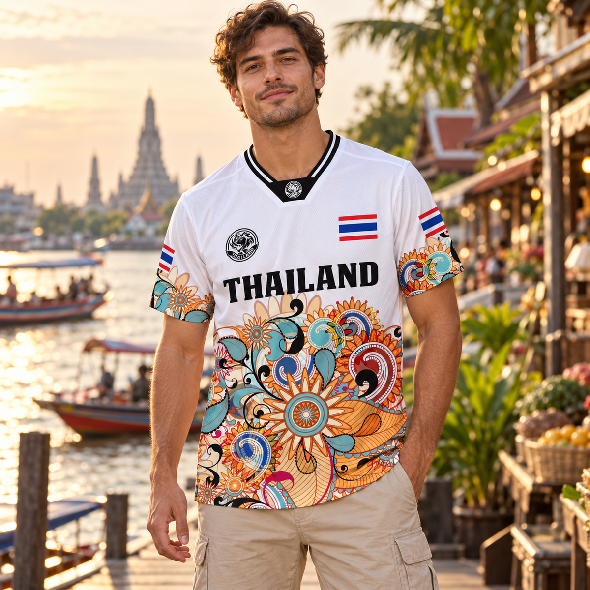 Illustratives Lifestyle-Mockup: Mann trägt das weiße Thailand Trikot Nr. 52 am Fluss in Bangkok