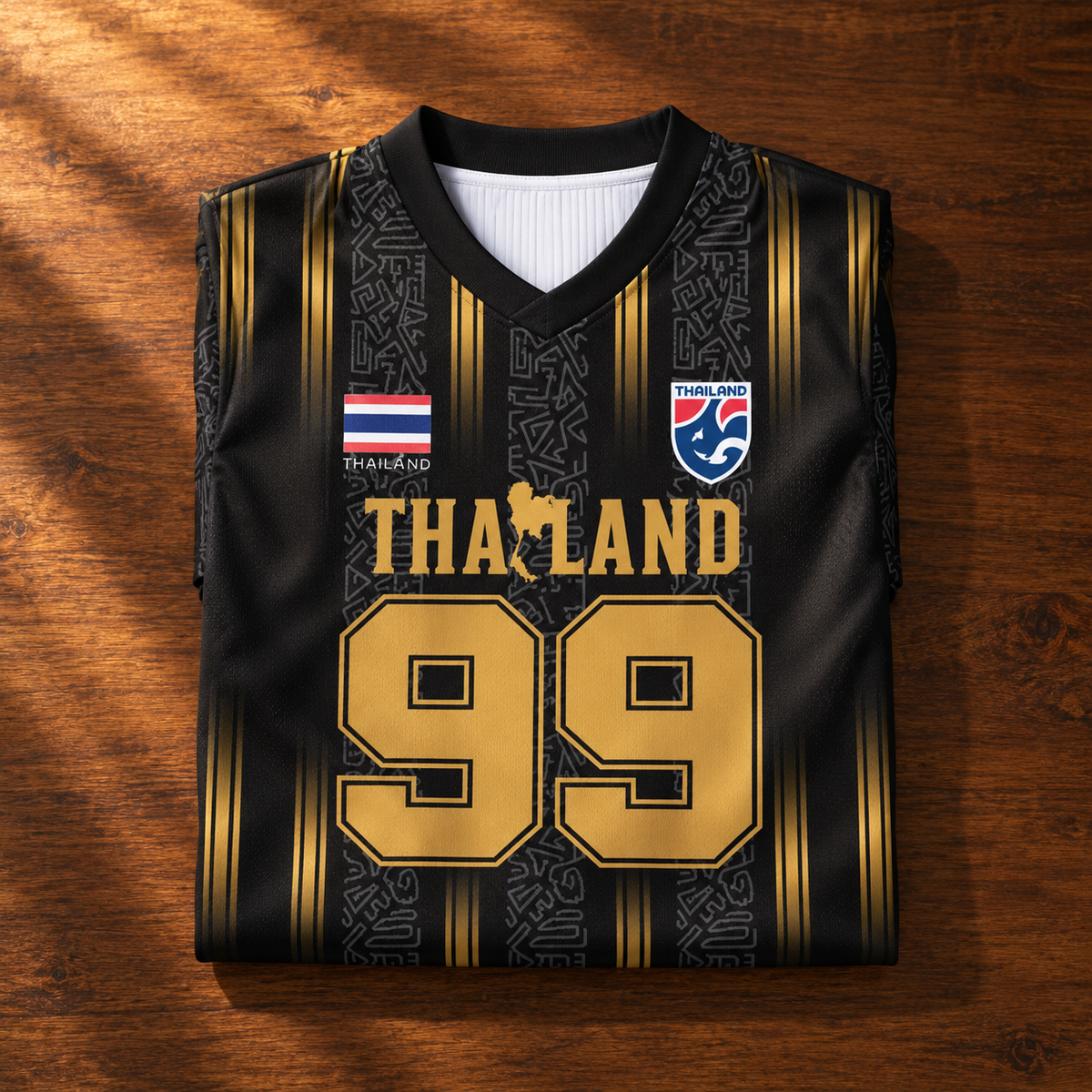 Illustratives Produkt-Mockup: schwarz-goldenes Thailand Trikot Nr. 99 gefaltet auf Holztisch