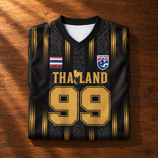 Illustratives Produkt-Mockup: schwarz-goldenes Thailand Trikot Nr. 99 gefaltet auf Holztisch