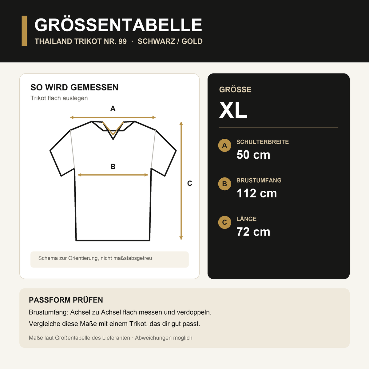 Größentabelle für Thailand Trikot Nr. 99 in Schwarz-Gold, Größe XL: Schulterbreite 50 cm, Brustumfang 112 cm, Länge 72 cm; Lieferantenmaße