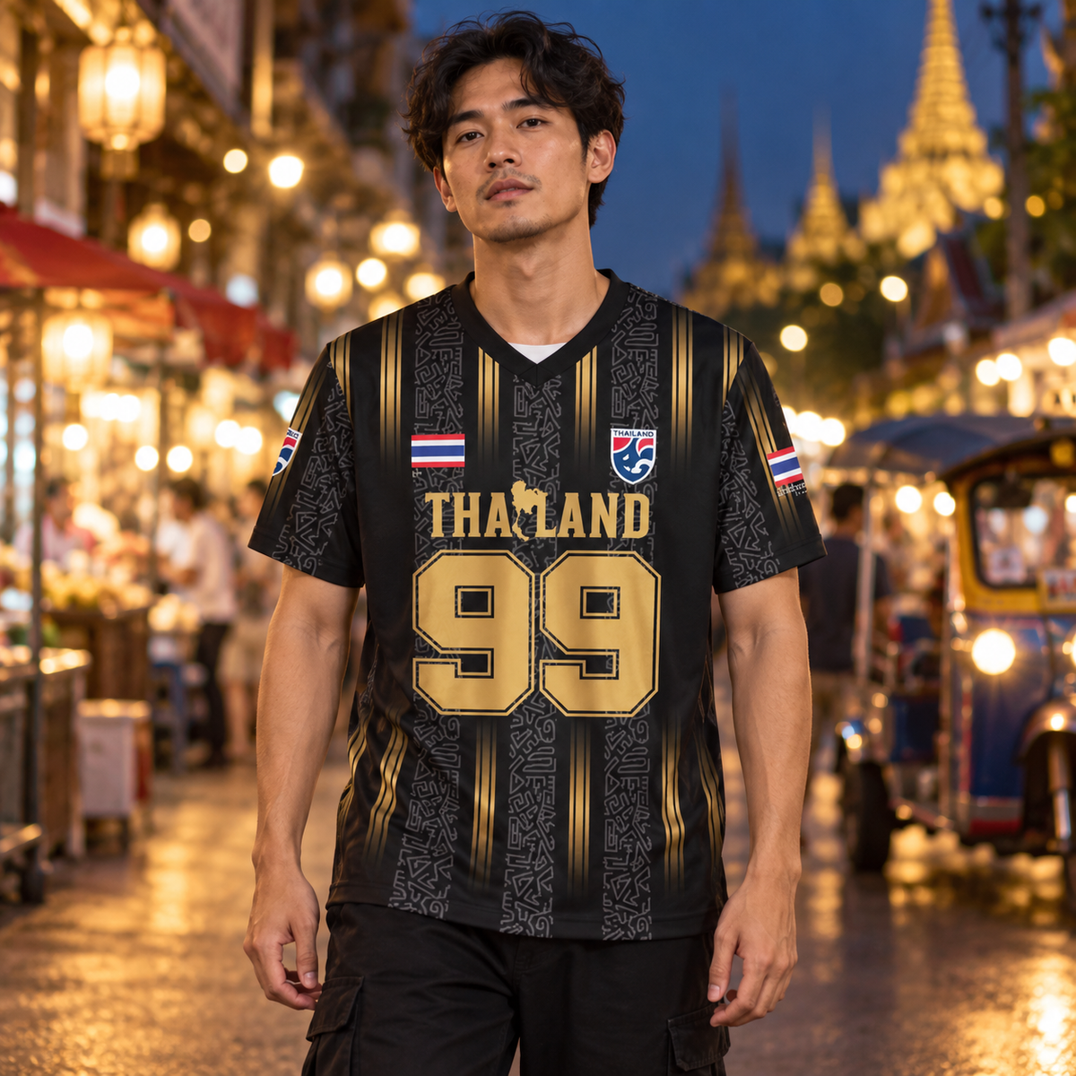 Illustratives Lifestyle-Mockup: schwarz-goldenes Thailand Trikot Nr. 99 in einer Bangkok-Abendszene