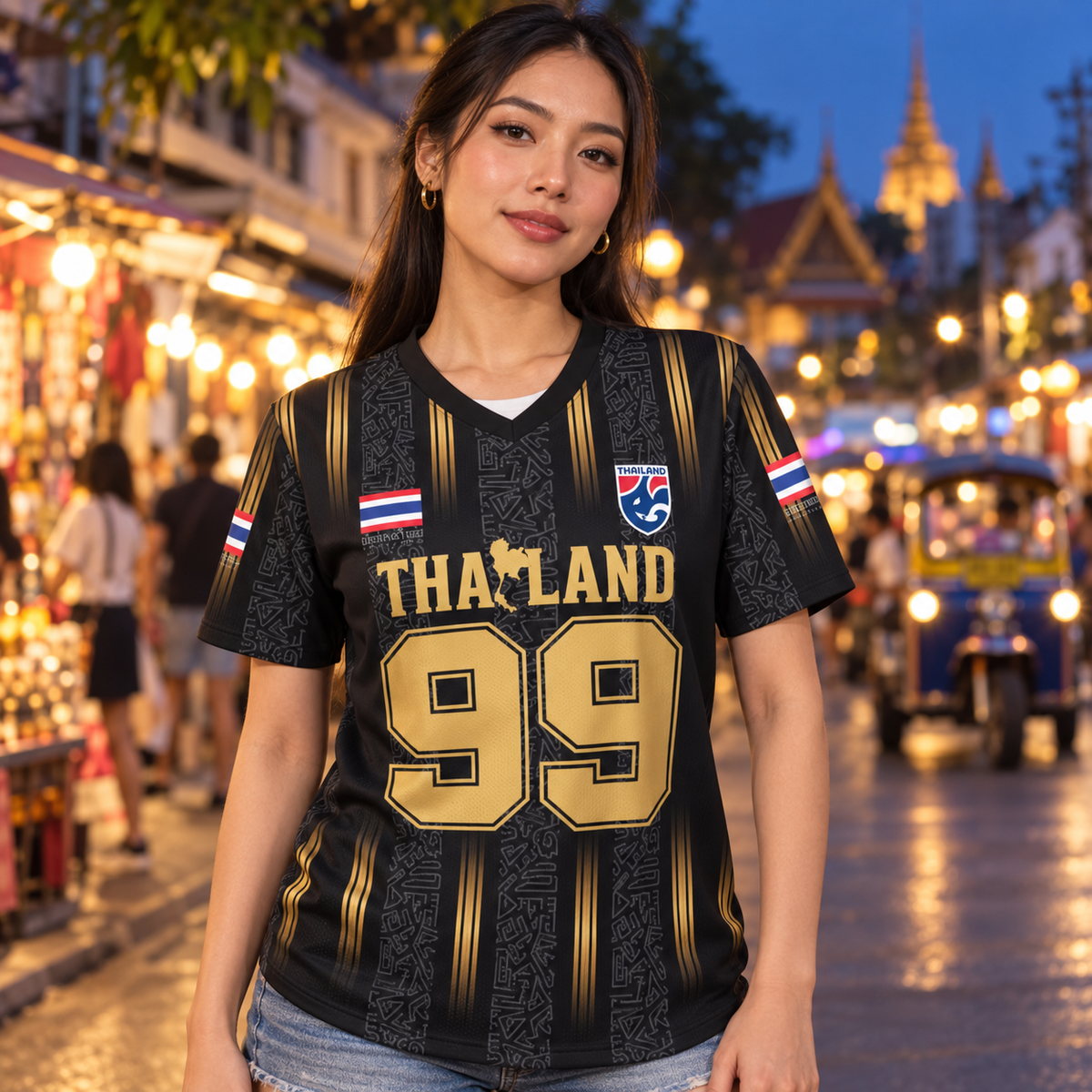 Illustratives Lifestyle-Mockup: Frau trägt das schwarz-goldene Thailand Trikot Nr. 99 in Bangkok