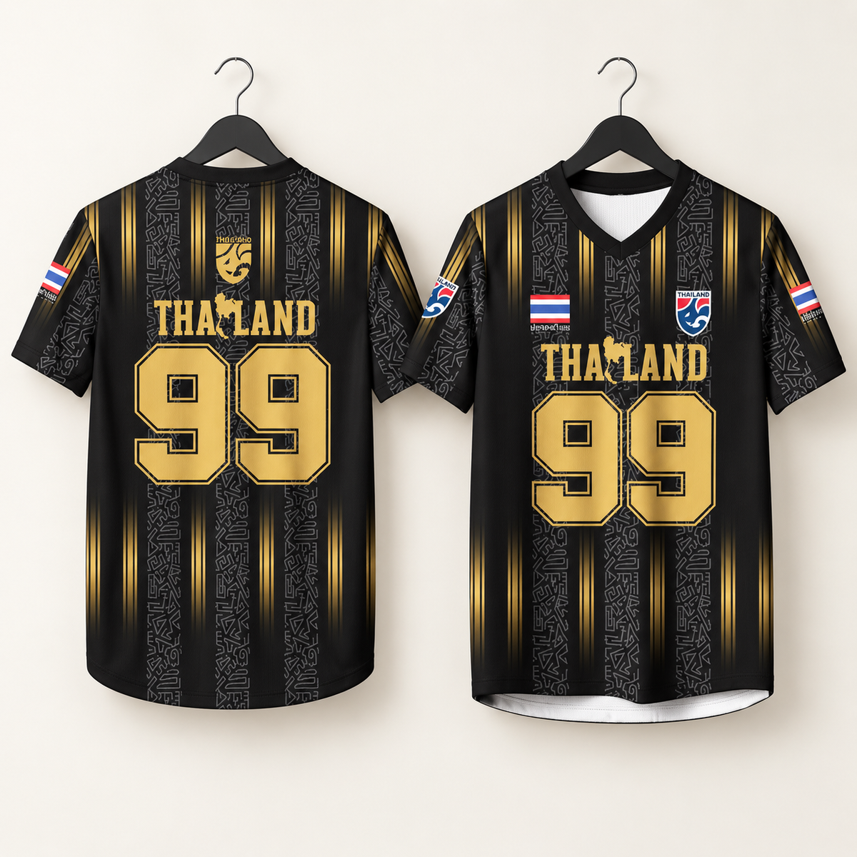 Illustratives Studio-Mockup des schwarz-goldenen Thailand Trikots Nr. 99, Rückseite und Vorderseite