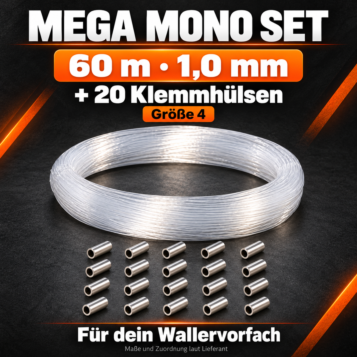Lieferumfang des 1,0-mm-Sets: 60 m Mega Mono mit 54 kg Schnurtragkraft und 20 Klemmhülsen Größe 4