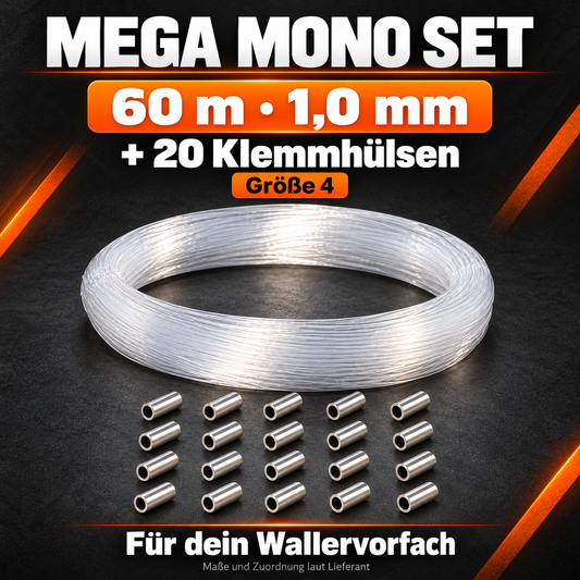 Lieferumfang des 1,0-mm-Sets: 60 m Mega Mono mit 54 kg Schnurtragkraft und 20 Klemmhülsen Größe 4