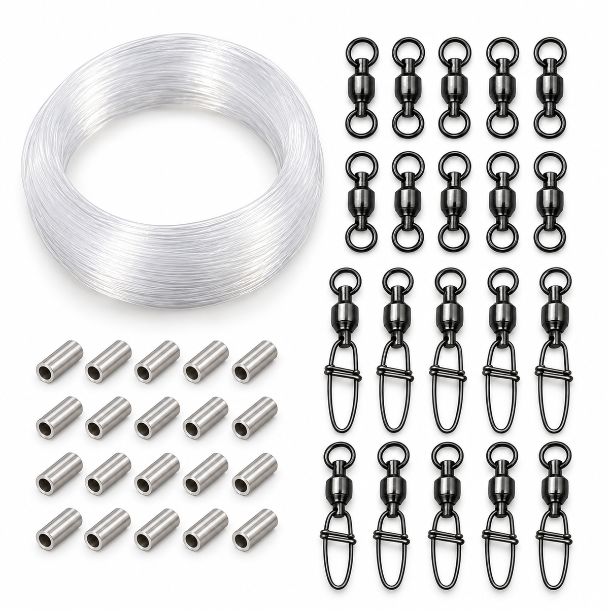 Wild Boys Spinnvorfach-Set mit 60 m Mega Mono 1,0 mm, 20 Klemmhülsen, 10 Powerwirbeln und 10 Cross-Lock-Wirbeln