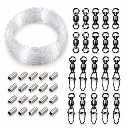 Wild Boys Spinnvorfach-Set mit 60 m Mega Mono 1,0 mm, 20 Klemmhülsen, 10 Powerwirbeln und 10 Cross-Lock-Wirbeln