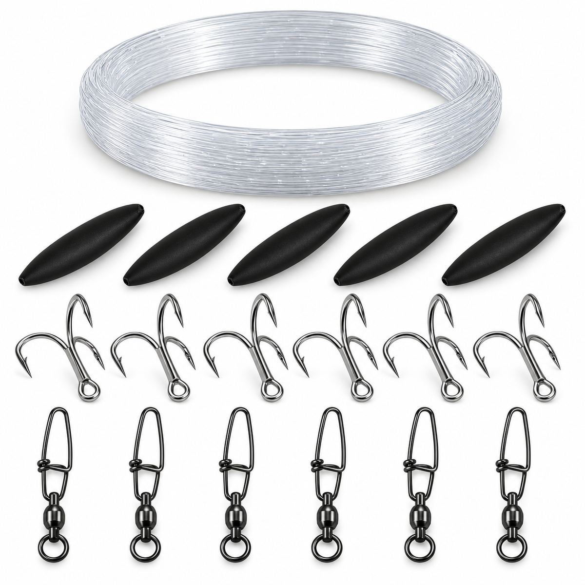 Waller U-Posen-Vorfachbau-Set: 40 m Mega Mono 1,2 mm, 5 Rassel-U-Posen 20 g, 6 Drillinge und 6 Cross-Lock-Wirbel