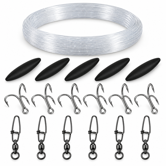 Waller U-Posen-Vorfachbau-Set: 40 m Mega Mono 1,2 mm, 5 Rassel-U-Posen 20 g, 6 Drillinge und 6 Cross-Lock-Wirbel